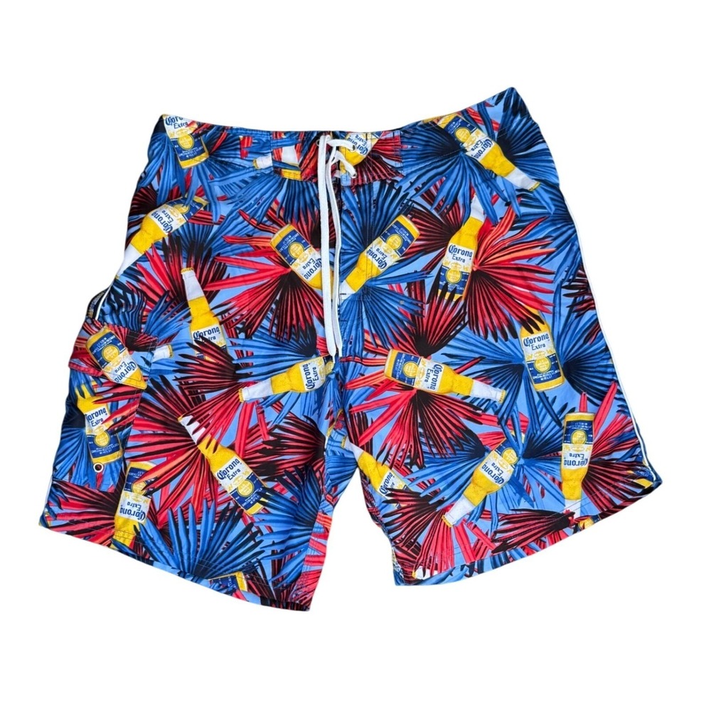 Corona Extra Mens Tropical‎ Beer Bottle Print Swim Trunks Blue Red Size 36